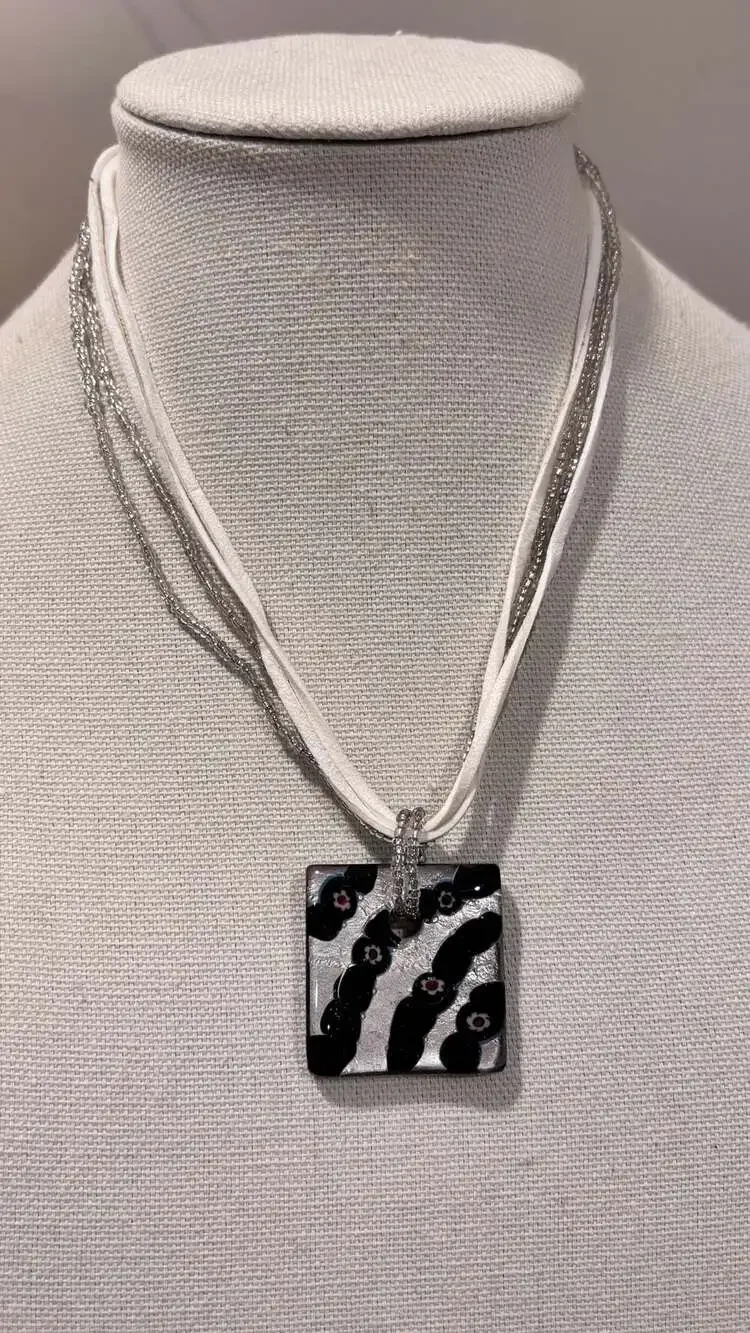Murano Style Black White Zebra Square Glass Pendant Multi-Strand Necklace